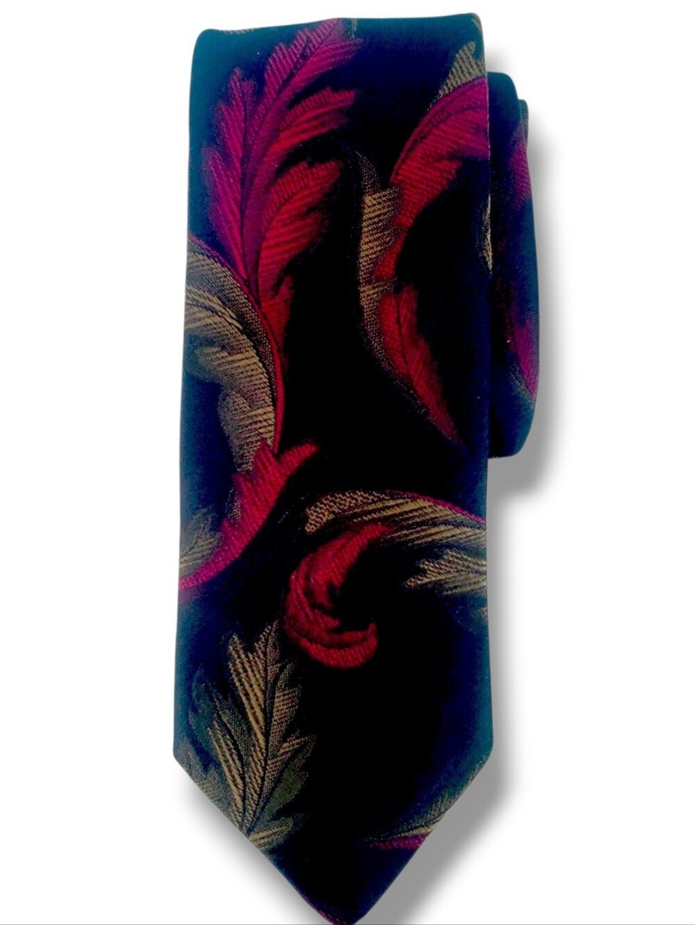 vintage John Weitz necktie painterly leaf Feathers pattern Black Purple Magenta